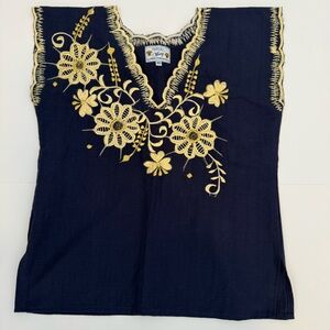 Midnight Blue Top with Gold Embroidery (authentic Mexican "Guayabera" shirt)